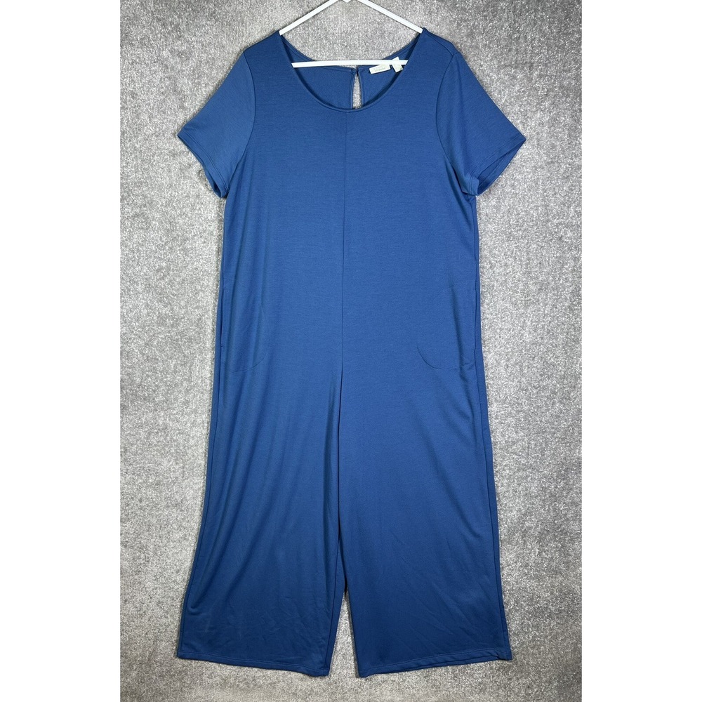 LOGO Lounge Lori Goldstein Levana Wide Leg Jumpsuit Womens Sz Large Blue Stretch